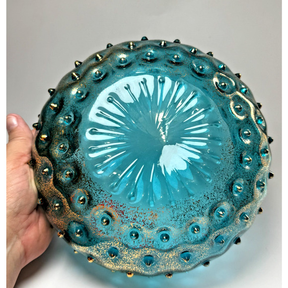 Lipper & Mann Blue & Gold Splatter MCM Hobnail Art Glass Bowl Czechoslovakia - Picture 5 of 6